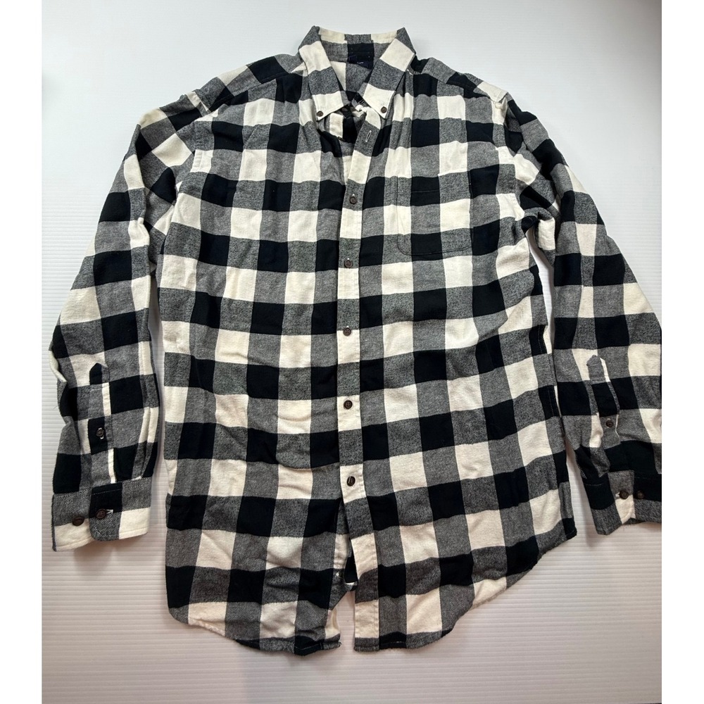 Croft & Barrow Mens Flannel Shirt L Black White Buffalo Plaid Cotton Button Down